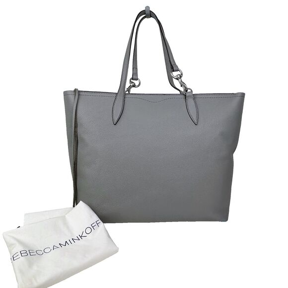 Rebecca Minkoff Sherry Leather Dog Clip Tote Shoulder Bag Zip Top Grey Taupe - Picture 2 of 16